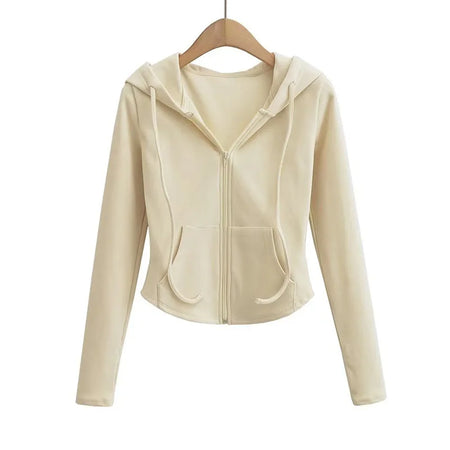 Streetwear Hooded Pockets Sweatshirt Women Casual Solid Sports Long Sleeve Hoodies Woman Autumn Slim Zipper Cropped Coat