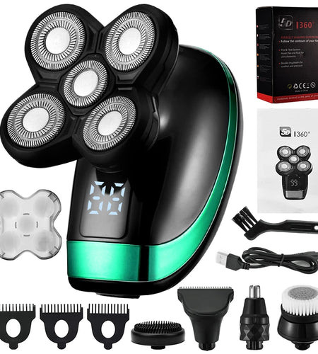 5 in 1 4D Men'S Rechargeable Bald Head Electric Shaver 5 Floating Heads Beard Nose Ear Hair Trimmer Razor Clipper Facial Brush