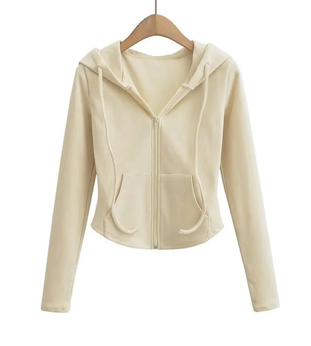 Streetwear Hooded Pockets Sweatshirt Women Casual Solid Sports Long Sleeve Hoodies Woman Autumn Slim Zipper Cropped Coat