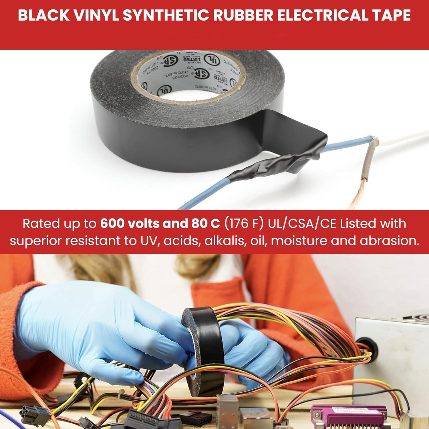 T.R.U. EL7566-AW Professional Grade Rubber Black PVC Electrical Tape, Rated up to 600 Volts and 176 F - UL/CSA/CE Listed Synthetic: 1.5 In. X 66 Ft. (8 Mil)