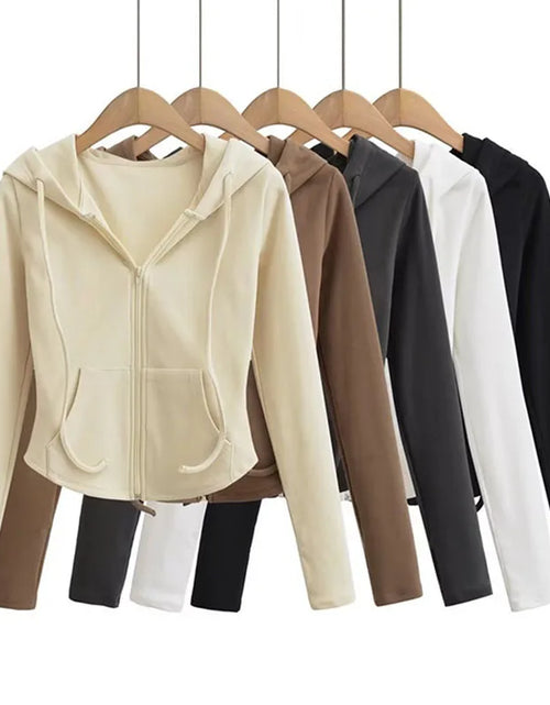 Load image into Gallery viewer, Streetwear Hooded Pockets Sweatshirt Women Casual Solid Sports Long Sleeve Hoodies Woman Autumn Slim Zipper Cropped Coat
