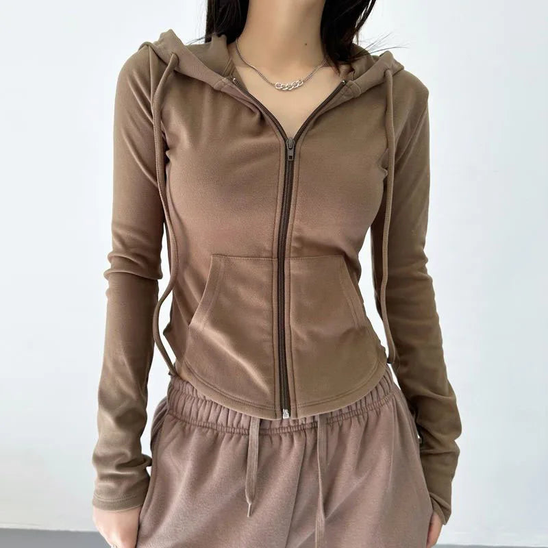 Streetwear Hooded Pockets Sweatshirt Women Casual Solid Sports Long Sleeve Hoodies Woman Autumn Slim Zipper Cropped Coat