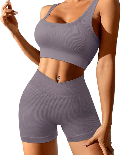2 Piece Yoga Outfit Seamless Workout Set High Waist Exercise Short Pants with Sport Bra Tracksuit Gym Tracksuits
