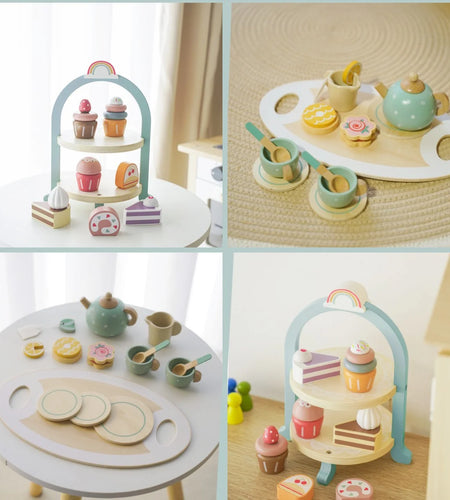 Tea Party Set for Little Girls, Wooden Tea Set with Cake Stand, Food Pretend Play Accessories Kids Kitchen Playset Wooden Toys for 2 3 4 5 6 Year Old Girl Birthday Gift