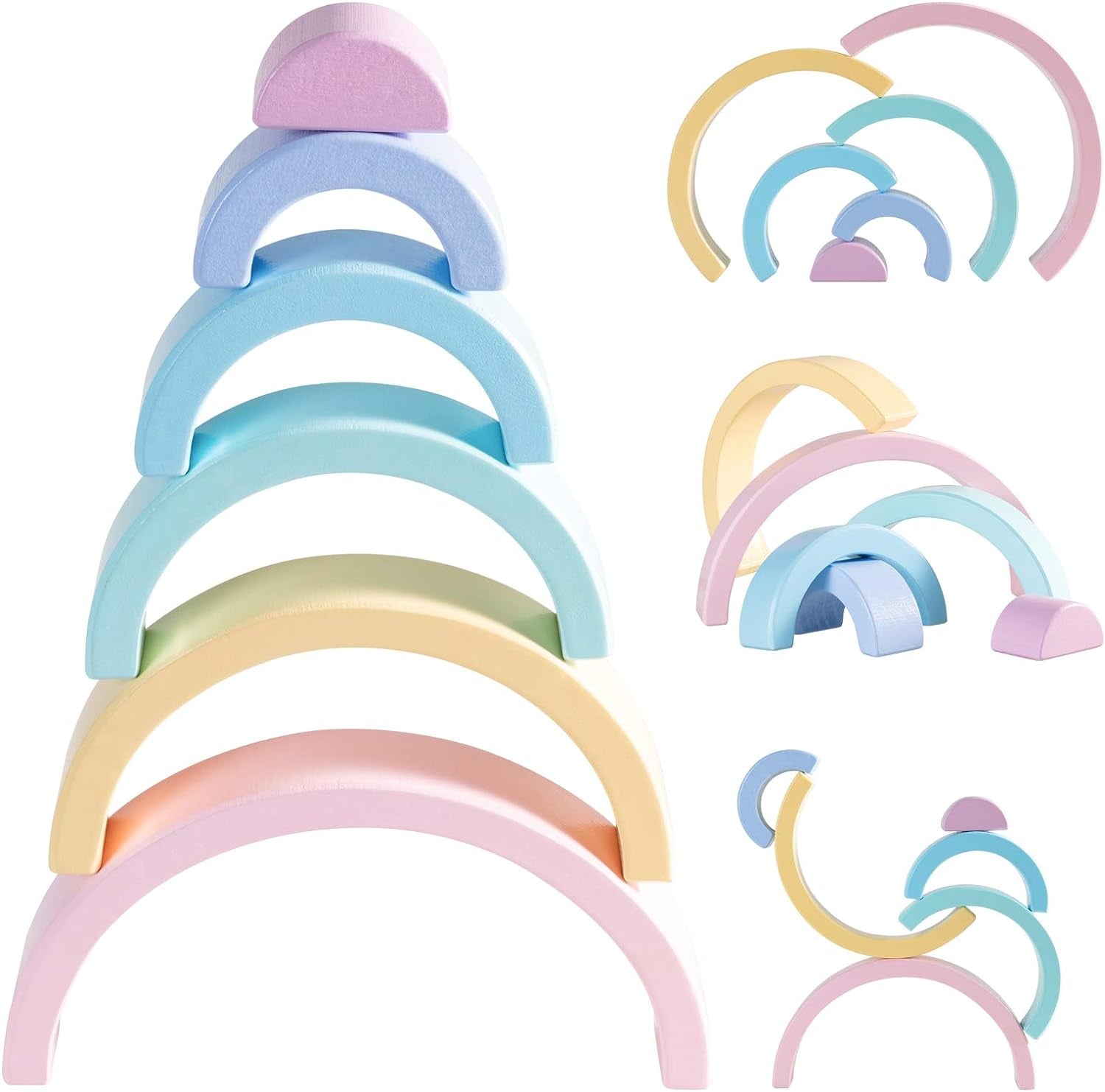 Wooden Rainbow Small Stacker, 6 Piece Rainbow Stacking Toy for Baby/Toddlers/Kids, Montessori Education Pastel Rainbow Decor, Kindergarten Teaching Aid