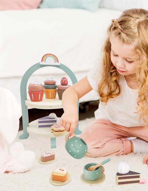 Load image into Gallery viewer, Tea Party Set for Little Girls, Wooden Tea Set with Cake Stand, Food Pretend Play Accessories Kids Kitchen Playset Wooden Toys for 2 3 4 5 6 Year Old Girl Birthday Gift
