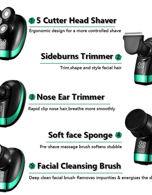 Load image into Gallery viewer, 5 in 1 4D Men&#39;S Rechargeable Bald Head Electric Shaver 5 Floating Heads Beard Nose Ear Hair Trimmer Razor Clipper Facial Brush
