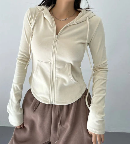 Streetwear Hooded Pockets Sweatshirt Women Casual Solid Sports Long Sleeve Hoodies Woman Autumn Slim Zipper Cropped Coat