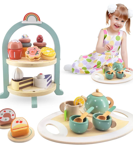 Tea Party Set for Little Girls, Wooden Tea Set with Cake Stand, Food Pretend Play Accessories Kids Kitchen Playset Wooden Toys for 2 3 4 5 6 Year Old Girl Birthday Gift
