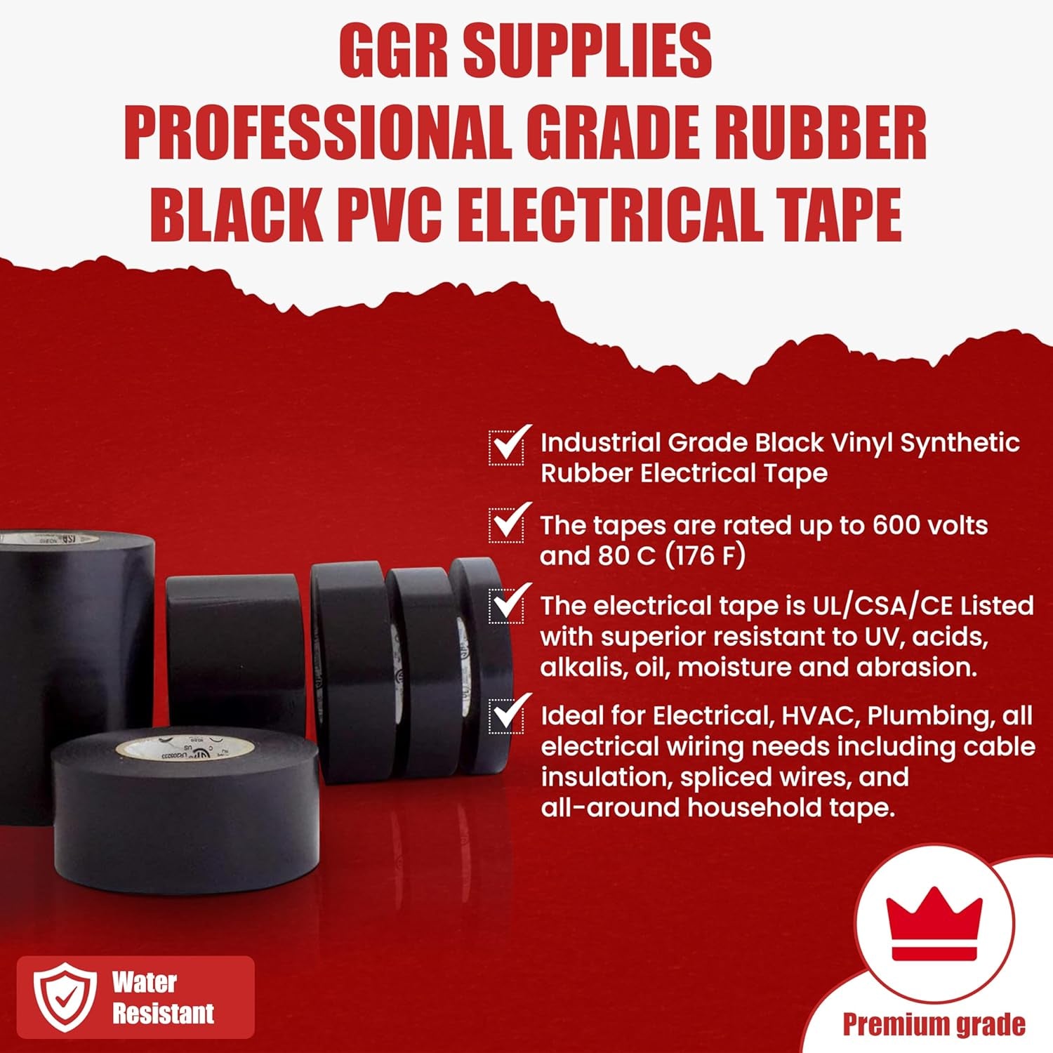 T.R.U. EL7566-AW Professional Grade Rubber Black PVC Electrical Tape, Rated up to 600 Volts and 176 F - UL/CSA/CE Listed Synthetic: 1.5 In. X 66 Ft. (8 Mil)