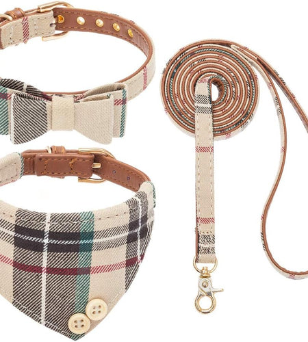 Dog Collar and Leash Set - Classic Plaid Dog Bow Tie and Dog Bandana Collar, Dog Leash Tangle Free, Adjustable Collars for Small Medium Large Dogs Cats, Holiday Ideal Gift