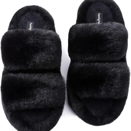 Women'S Fluffy Faux Fur Slippers Comfy Open Toe Two Band Slides with Fleece Lining and Rubber Sole