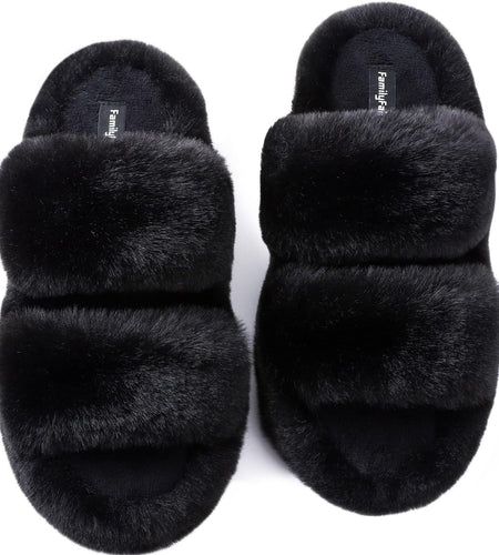 Women'S Fluffy Faux Fur Slippers Comfy Open Toe Two Band Slides with Fleece Lining and Rubber Sole
