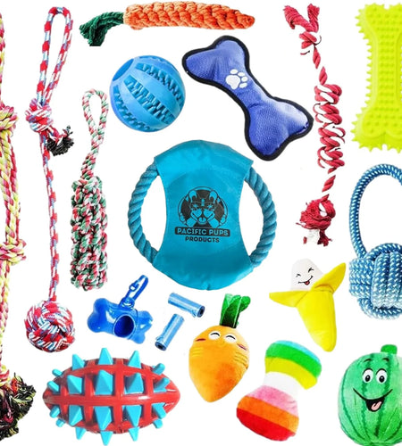 Pacific Pups - 18 Pack Dog Chew Toys - Puppy Toys - Dog Rope Toys Dog Plush