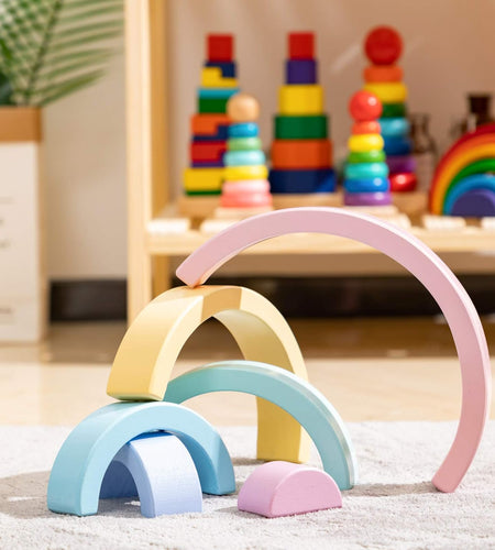 Wooden Rainbow Small Stacker, 6 Piece Rainbow Stacking Toy for Baby/Toddlers/Kids, Montessori Education Pastel Rainbow Decor, Kindergarten Teaching Aid