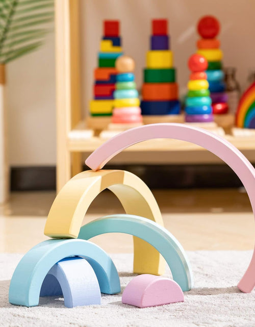 Load image into Gallery viewer, Wooden Rainbow Small Stacker, 6 Piece Rainbow Stacking Toy for Baby/Toddlers/Kids, Montessori Education Pastel Rainbow Decor, Kindergarten Teaching Aid
