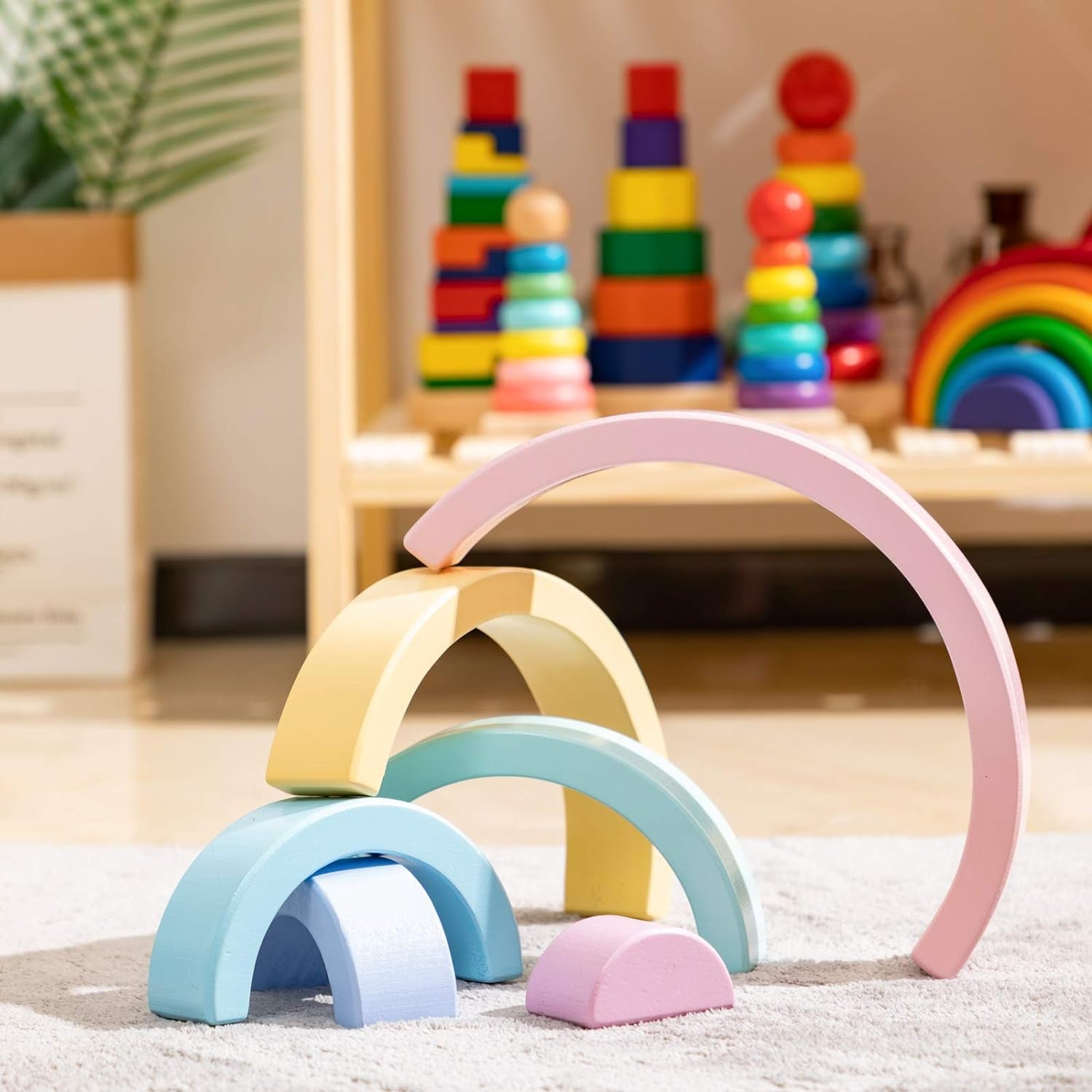 Wooden Rainbow Small Stacker, 6 Piece Rainbow Stacking Toy for Baby/Toddlers/Kids, Montessori Education Pastel Rainbow Decor, Kindergarten Teaching Aid