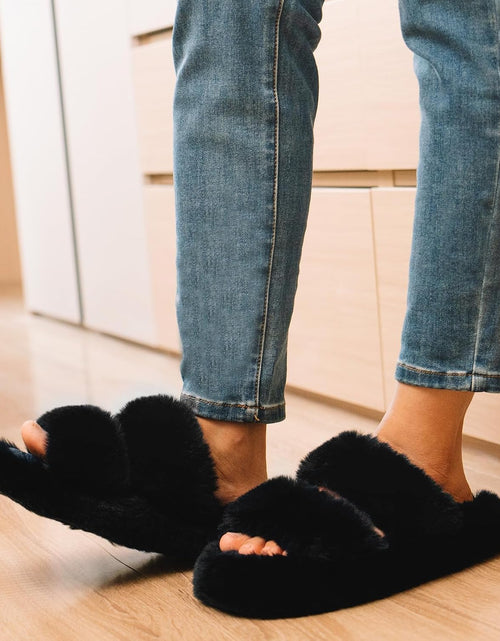 Load image into Gallery viewer, Women&#39;S Fluffy Faux Fur Slippers Comfy Open Toe Two Band Slides with Fleece Lining and Rubber Sole
