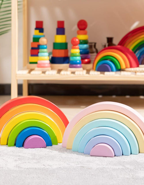 Load image into Gallery viewer, Wooden Rainbow Small Stacker, 6 Piece Rainbow Stacking Toy for Baby/Toddlers/Kids, Montessori Education Pastel Rainbow Decor, Kindergarten Teaching Aid
