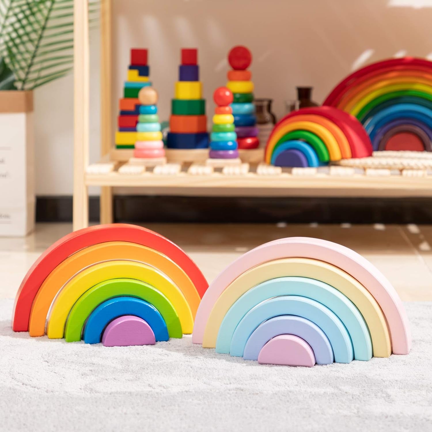 Wooden Rainbow Small Stacker, 6 Piece Rainbow Stacking Toy for Baby/Toddlers/Kids, Montessori Education Pastel Rainbow Decor, Kindergarten Teaching Aid