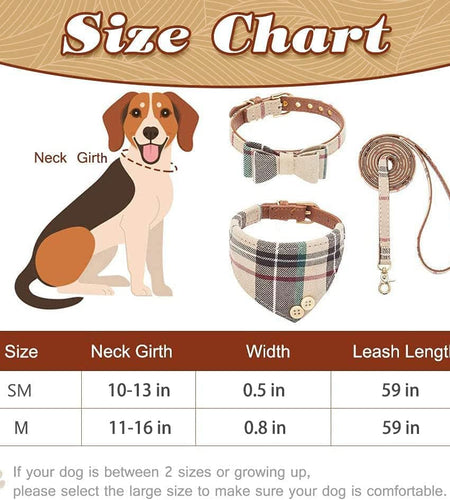 Dog Collar and Leash Set - Classic Plaid Dog Bow Tie and Dog Bandana Collar, Dog Leash Tangle Free, Adjustable Collars for Small Medium Large Dogs Cats, Holiday Ideal Gift